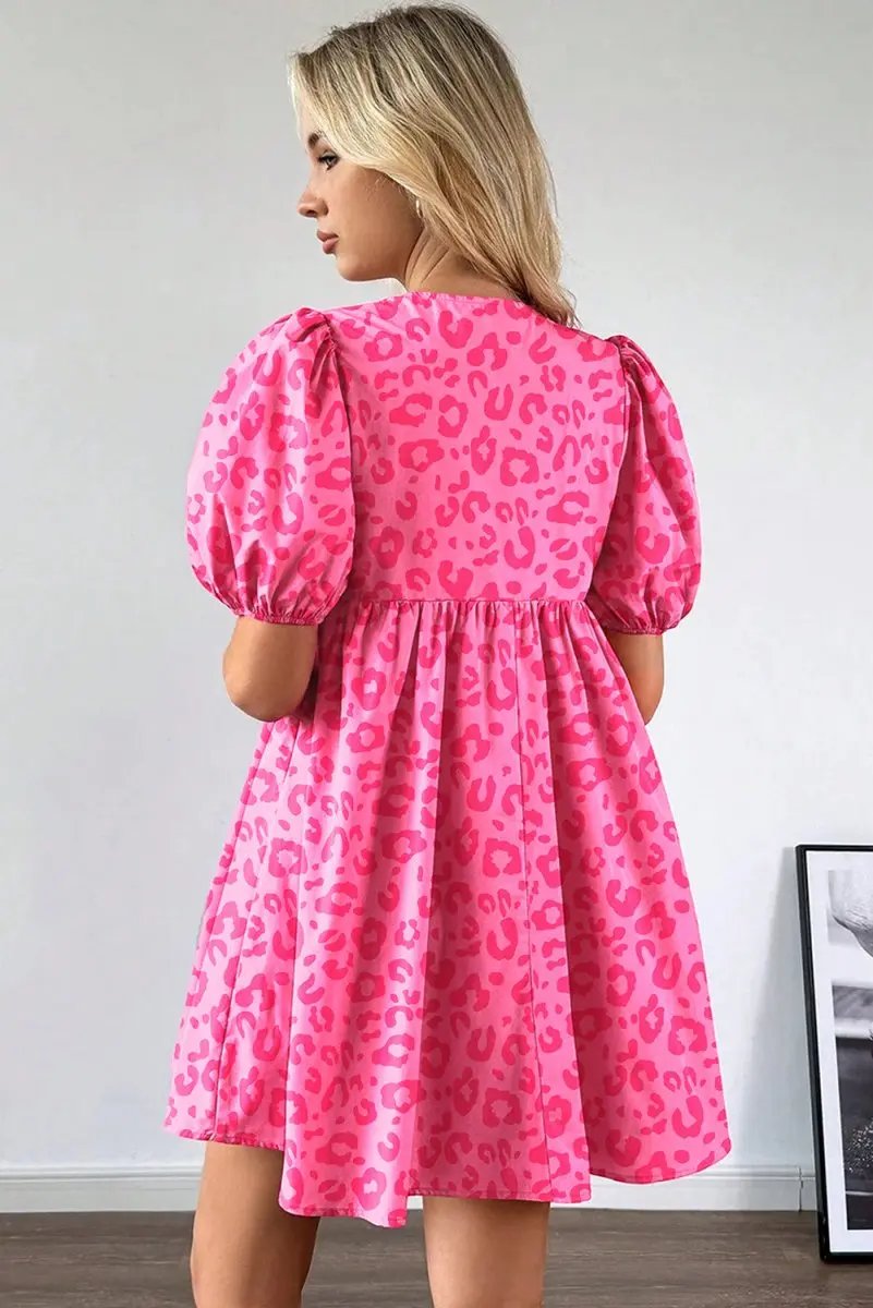 Rose Leopard Puff Sleeve Tie Front High Waist Mini Dress - Love Salve